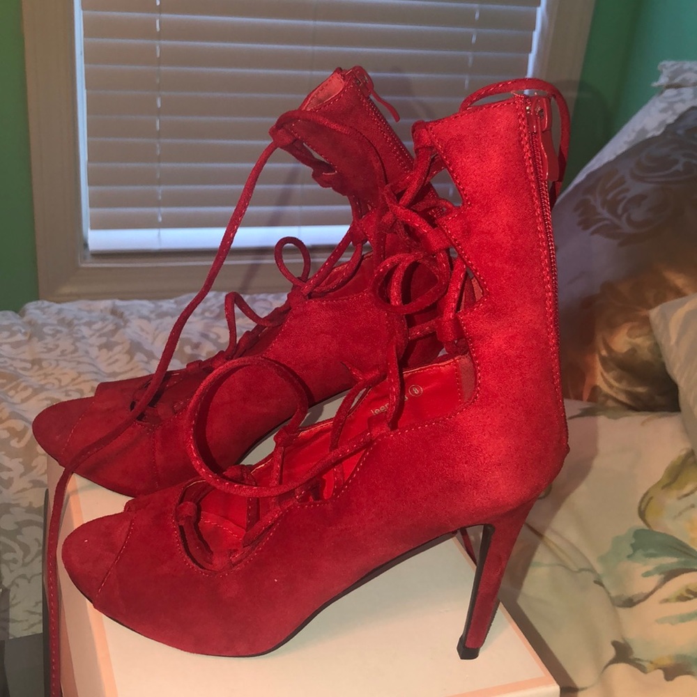 Red strap up peep toe heels